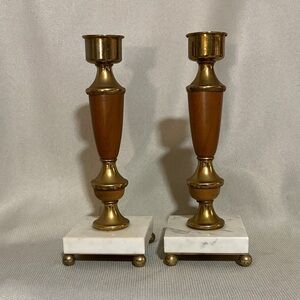 Vintage Pair Mid Century Wood Marble Base Candle Holders 11”